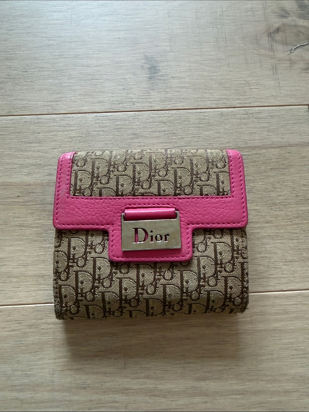 Dior 2005 Vintage Brown Monogram Wallet with Pink Trim